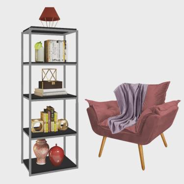 Imagem de Kit Poltrona Fatte com Manta Soft Lilás e Estante Livreiro Ferro Prata mdf Preto Suede Rose Gold - Ahazzo Móveis