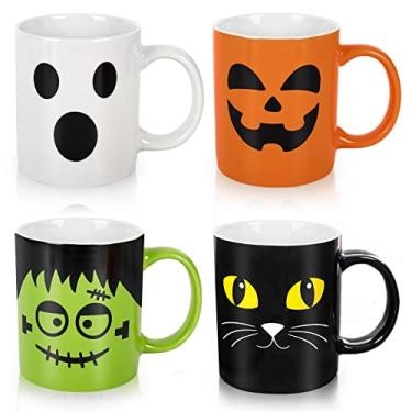 Imagem de Whaline Conjunto de 4 peças de caneca de Halloween 325 ml abóbora gato monstro fantasma caneca de café halloween canecas combinando de cerâmica para escola em casa mesa de escritório peças centrais presente de inauguração