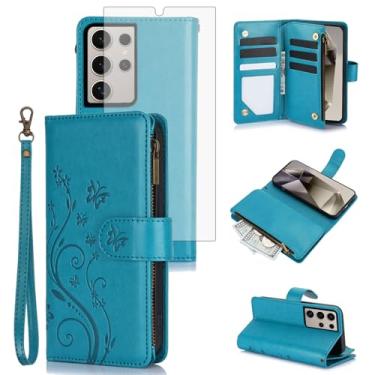 Imagem de Asuwish Capa de celular para Samsung Galaxy S24 Ultra 5G carteira celular com protetor de tela de vidro temperado alça flor flip zíper porta-cartão slot suporte suporte S24Ultra 24S S 24 24Ultra