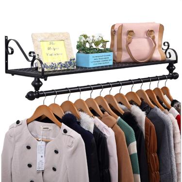 Imagem de Prateleira De Roupas De Ferro Forjado Preto Para Pendurar Na Parede, Prateleiras De Lojas De Roupas Varejo Rack De Vestuário Saco De Armazenamento De Rack De Exposição Cabide De Ca, B, 120cm