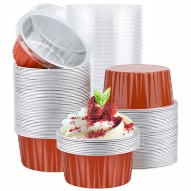 Imagem de EUSOAR Ramequins descartáveis com tampas, 100 peças de copos de folha de alumínio de 142 g, copos de creme brulee, copos de muffin para assar, mini panelas descartáveis, recipientes de sobremesa