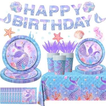 Imagem de GREHUMOR 177 Peças Decorações De Aniversário Sereia, Utensílios Mesa Para Festa Pratos Descartáveis, Guardanapos, Toalhas Mesa, Copos, Faixa Chá Bebê Decoração Com Tema Oceano, Serve 25 Pessoas