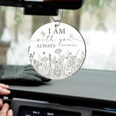 Imagem de PLIGREAT Ornamento floral para pendurar no carro, acessórios para espelho retrovisor, "I Am with You Alway", pingentes de madeira decorativos de madeira para porta de janela, decoração de árvore de