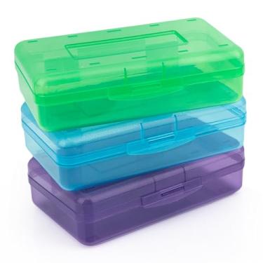 Imagem de Estojo de lápis, pacote com 3, caixa grande de plástico rígido, verde, roxo, azul, transparente, com tampa de encaixe, suporte para marcador de giz de cera, bolsa organizadora, recipiente de