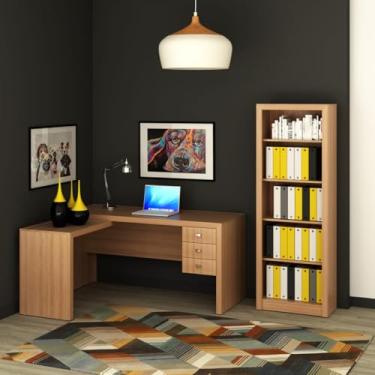 Imagem de Mesa escritório Ofice em L 2 gavetas e Estante de Livros Amêndoa TecnoMobili