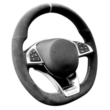 Imagem de Alfanxi Hand Stitch Steering Wheel Cover Fits Alcantara Material for Mercedes Benz AMG A45 / W205 C43 C63S/ CLA45 CLS63/ GLC 43 63/ E43 W213 /S-CLASS S500 (White Stripe)