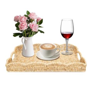 Imagem de Bandeja retangular de vime recortada, bandeja de servir de vime sintético à mão com alças, bandeja decorativa de mesa de centro para decoração de casa rústica moderna boho ou organização (bege)