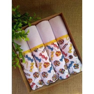 Imagem de Pano de Prato Decorativo com Estampa de Doces e Pirulitos, Barra Amarela, Kit com 4 Unidades