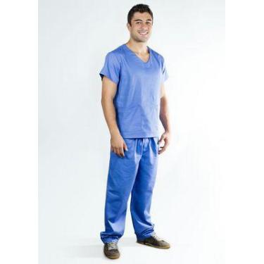 Imagem de Não Amassa Pijama Cirúrgico Masculino Oxford Conjunto - Dona Moça, Azu