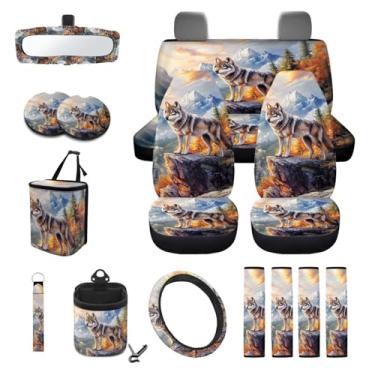 Imagem de Wanyint Wolf Mountain Conjunto completo de 15 peças de capa de assento de carro, com capa de volante, capa de cinto de segurança, latas de lixo, capa de espelho retrovisor, porta-copos, chaveiro,
