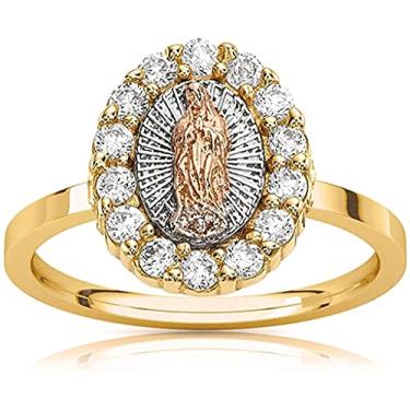 Imagem de Savlano Anel religioso feminino feminino feminino com zircônia cúbica de corte redondo banhado a ouro 18K branco amarelo e rosa três cores Lady of Guadalupe, Metal, Zircônia cúbica