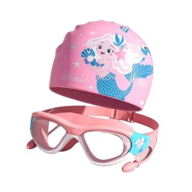 Imagem de Dynwave Conjunto de óculos de natação infantil, touca, óculos de desenho animado, visão clara, antiembaçante, leve para crianças, de mergulho, de natação
