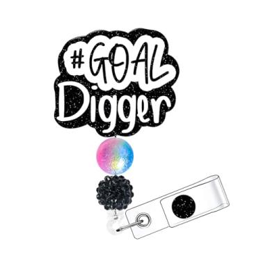 Imagem de Horee Carretel de crachá retrátil com clipe jacaré, porta-cartão de identificação de enfermeira de acrílico com glitter, design engraçado brilhante preto (Goal Digger)