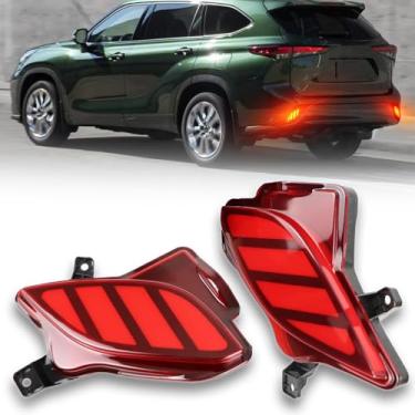 Imagem de GeeGee Lente vermelha superior LED para-choque traseiro conjunto de luz de neblina compatível com Toyota Highlander 2020 2021 funciona como luz de neblina traseira refletor de para-choque 3 em 1 (nova