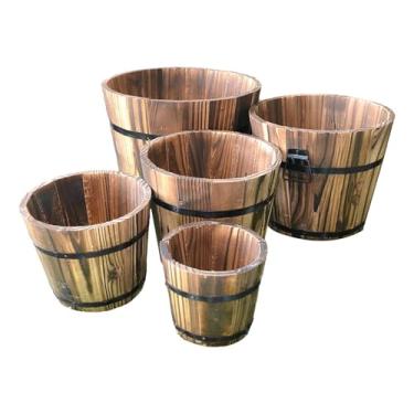 Imagem de Fenteer 5 peças de balde de madeira para vasos de plantas, jardim frontal de fazenda, versátil, decorativo com alças, recipientes para plantas