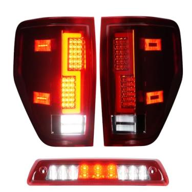 Imagem de Luzes traseiras de LED + 3º terço lâmpada de carga de freio para Ford F150 2009-2014 (modelo de cama Fleetside), conjunto de luz traseira de parada de montagem alta, lente vermelha com carcaça cromada