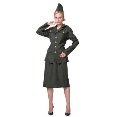 Imagem de EraSpooky Fantasia feminina do exército da Segunda Guerra Mundial para adultos dos anos 1940, uniforme de Halloween com saia e chapéu