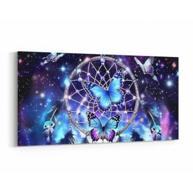 Imagem de Arte de parede em tela infantil apanhador de sonhos 96 cm C x 48 cm L para sala de estar, pintura de parede de céu estrelado de galáxia para meninas meninos homens, pôster de penas de borboleta azul