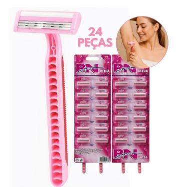 Imagem de Kit 24 Peças Barbeador Descartáveis Rosa com 3 Lâminas e Fita Lubrific