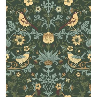 Imagem de WESTICK Papel de parede escuro William Morris vintage verde floral papel de parede de contato floral para paredes papel de parede botânico adesivo removível para armários de cozinha de quarto 44,5 cm