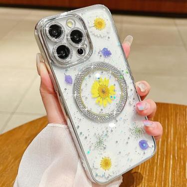 Imagem de ZinLyuen Capa magnética para iPhone 16 Pro Max, design de flores reais prensado transparente compatível com MagSafe Diamond Glitter capa de telefone para 16 ProMax, flor branca amarela