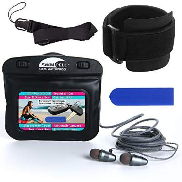 Imagem de Bolsa impermeável para MP3 Player para nadar com entrada de fone de ouvido - porta-chaves para dinheiro de chave de carro, leitor de MP3. Braçadeira ajustável e cordão de pescoço com capa de chave de silicone para braço pulso ou tornozelo.