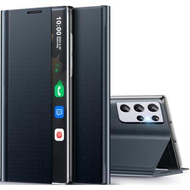 Imagem de Qissy Capa para Samsung Galaxy S21 Ultra 5G Clear View Slim S21 Ultra capa de telefone luxuosa espelhada rígida PC Kickstand couro flip à prova de choque Galaxy S21 Ultra 5G capa (azul escuro)