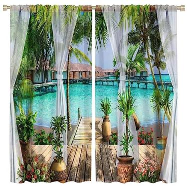 Imagem de GoDazzling Cortinas blecaute para janela com vista para o oceano, cortinas de paisagem natural de verão com árvores verdes tropicais, para sala de estar e quarto 53 cm (L) x 119 (C) 2 painéis