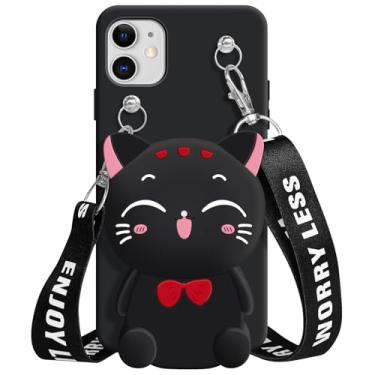 Imagem de SGVAHY Capa carteira para iPhone 11 Pro com cordão de cordão fofo gato preto bolsa de moeda engraçada capa de telefone kawaii de silicone macio à prova de choque para mulheres meninas