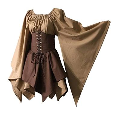 Imagem de Bichingda Vestido feminino tradicional irlandês renascentista medieval fantasia flare manga flare espartilho Halloween vestido curto vitoriano, Cáqui, P