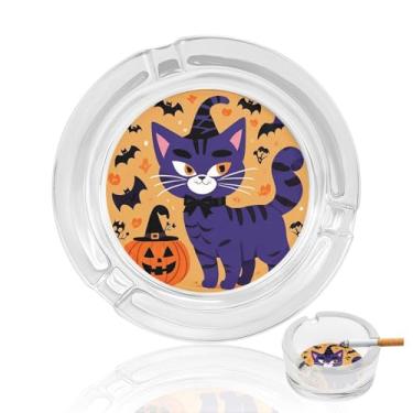 Imagem de Cinzeiro de vidro de cristal para gatos de Halloween, cinzeiro redondo de vidro resistente para fumar, portátil, decorativo, moderno, para uso em casa, escritório, interior, exterior, pátio