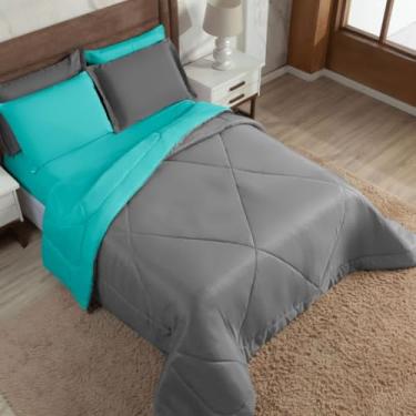 Imagem de Kit Edredom Casal Dupla Face com Fronhas - Edredom Casal Aconchegante e Estiloso(Tiffany/Cinza,Kit de Edredom 06)