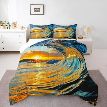 Imagem de Feelyou Conjunto de edredom Queen com ondas do oceano, pôr do sol, pôr do mar, mar, litoral, natureza, verão, praia, férias, férias