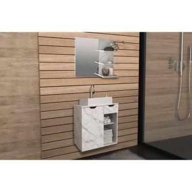 Imagem de Conjunto de Banheiro Balcão Suspenso BN3605 c/ Cuba BN3600 60cm e Armário c/ Espelho BN3608 Mármore Branco - Tecno Mobili