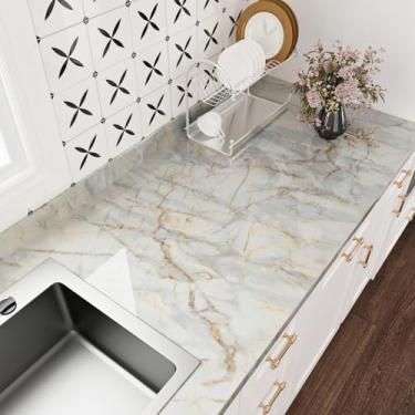 Imagem de Wallderful Papel de contato de mármore verde e dourado para bancadas, papel de parede de mármore, descasque e cole Backsplash para cozinha, brilhante, para locatários, papel de parede para banheiro
