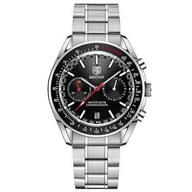 Imagem de BY BENYAR - Relógio analógico de quartzo com cronógrafo para homens, relógio masculino à prova d'água de 50 m, pulseira de borracha genuína de aço inoxidável, Aço preto, ❄