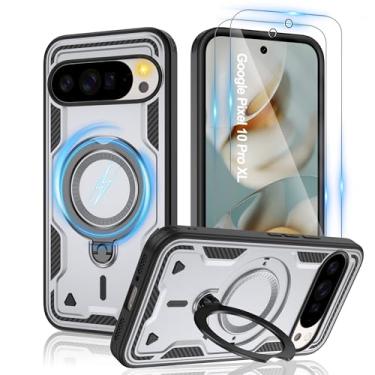Imagem de Gritup Capa para Google Pixel 10 Pro XL: compatível com MagSafe | com protetor de tela HD × 2 | Suporte giratório de metal | Proteção à prova de quedas de grau militar | Antiimpressões digitais, cinza