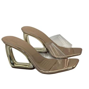 Imagem de Tamanco Salto Geométrico Dourado com Tira Transparente – Moderna e Elegante (TPU metalico, BR, Adulto, Numérico, 39)