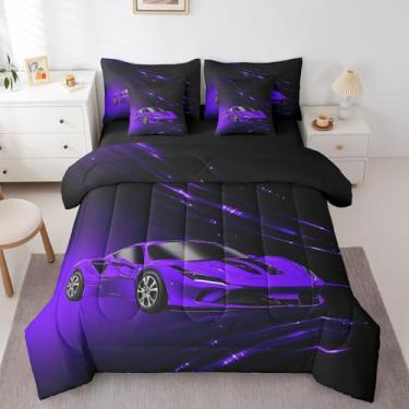 Imagem de Feelyou Conjunto de cama queen com carro de corrida roxo, para crianças, adolescentes, adultos, velozes e furiosos, conjunto de cama ombré roxo