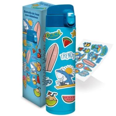 Imagem de Garrafa Infantil Térmica Inox 420ml Adesivos Divertidos Tubarão e Tampa com Trava Resistente Segura Ideal para Escola Atividades Portátil Presente Passeio Menino Menina