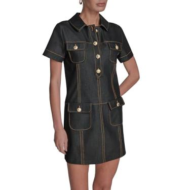 Imagem de BCBG Minivestido feminino de manga curta com botões frontais, gola jeans e bainha, Preto, 38