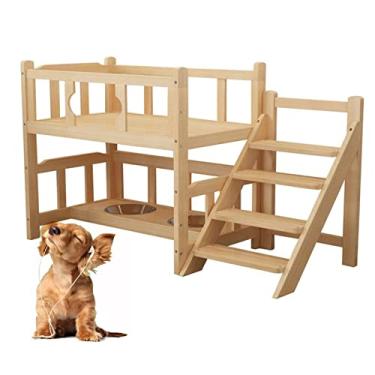 Imagem de OQOPO Dog House Cama para animais de estimação de 2 camadas Cama de madeira para cães Cama elevada para animais de estimação com guarda-corpo com escadas e corrimão, tigela para cães, camas de madeira