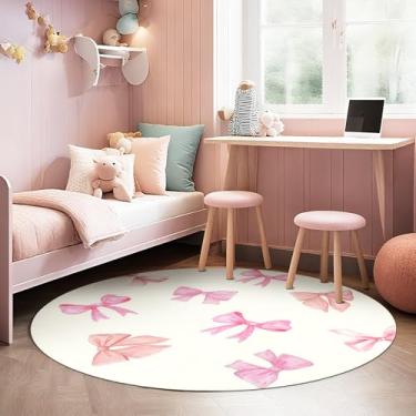 Imagem de Tapete de área com estampa de laço para quarto de menina, sala de estar, lavável, macio, redondo, de lã artificial, rosa, bege, para entrada, sala de estar, lavanderia, 1,2 m redondo