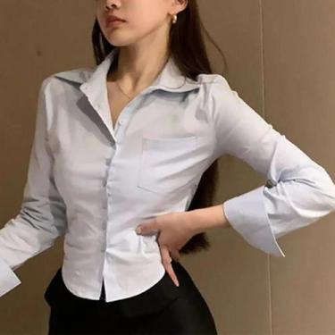 Imagem de Camisa Branca de Chiffon para Mulheres - Manga Comprida, Gola de Lapel