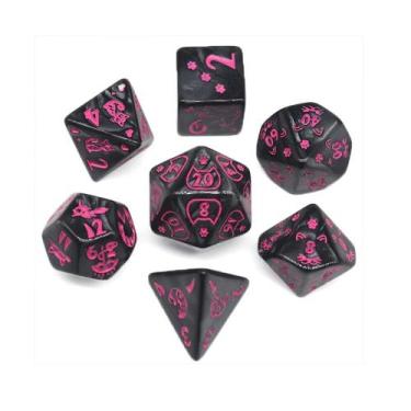 Imagem de Kit 7 dados rpg de mesa papel preto gato rosa gatinhos d4 d6 d8 d10 d1