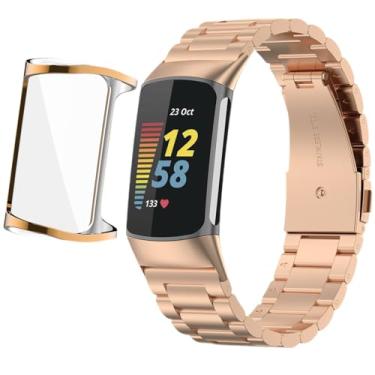 Imagem de Compatível com pulseiras Fitbit Charge 6/5, pulseira de relógio de metal de aço inoxidável com capa de TPU, pulseira elegante, respirável, design ajustável para homens e mulheres