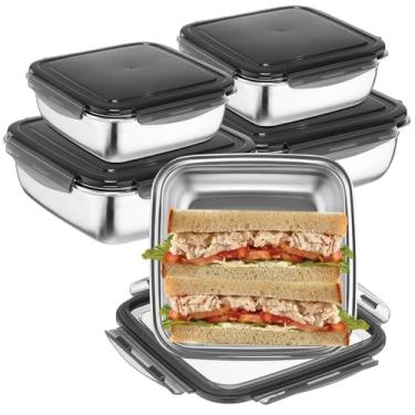 Imagem de Blushtier Pacote com 4 recipientes grandes de aço inoxidável para sanduíches – Caixa de sanduíche de aço inoxidável de 1,134 g com tampa hermética de silicone para sanduíches, lanches, almoço e