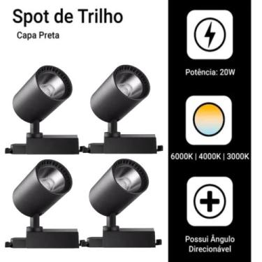 Imagem de Kit 4 Luminária Preto Trilho Spot Led 20W 3500K Branco Quente - AP, Bi