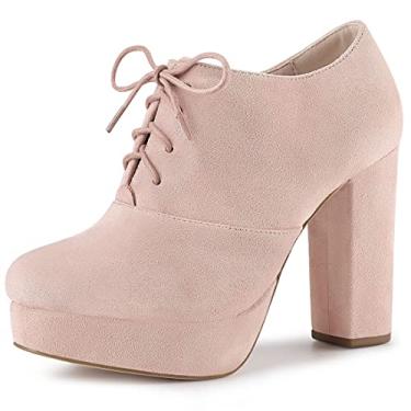 Imagem de Allegra K Botas femininas de salto grosso com cadarço, Rosa empoeirado, 38