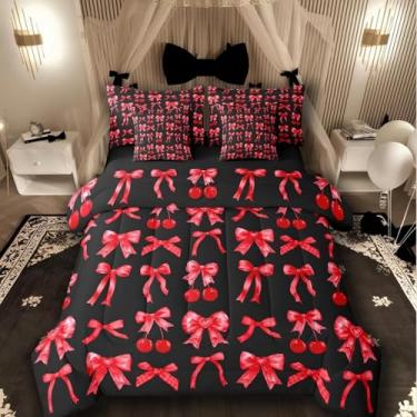 Imagem de Jogo de cama King com laço de cereja vermelha em uma bolsa, 7 peças, lindo conjunto de cama com laço de fita de seda e laço de princesa, conjunto de lençol e lençol kawaii, decoração de quarto